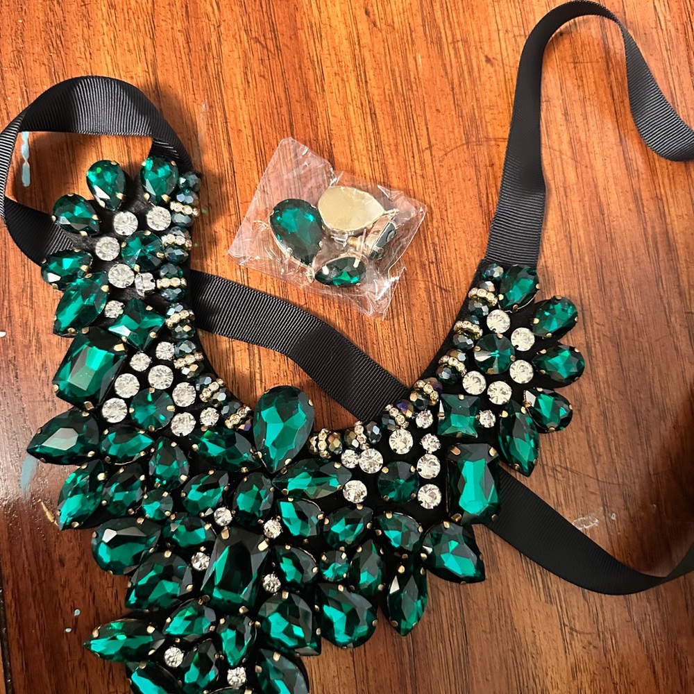 Emerald Green Statement costume Necklace and Earring Set